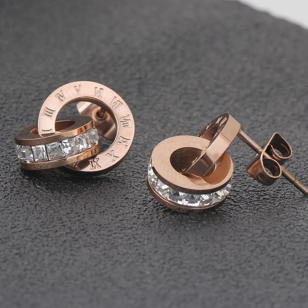 Rose-Gold-Plated Roman Numbers and Crystal Stainless Steel Necklace & Earrings Wedding Jewelry Set