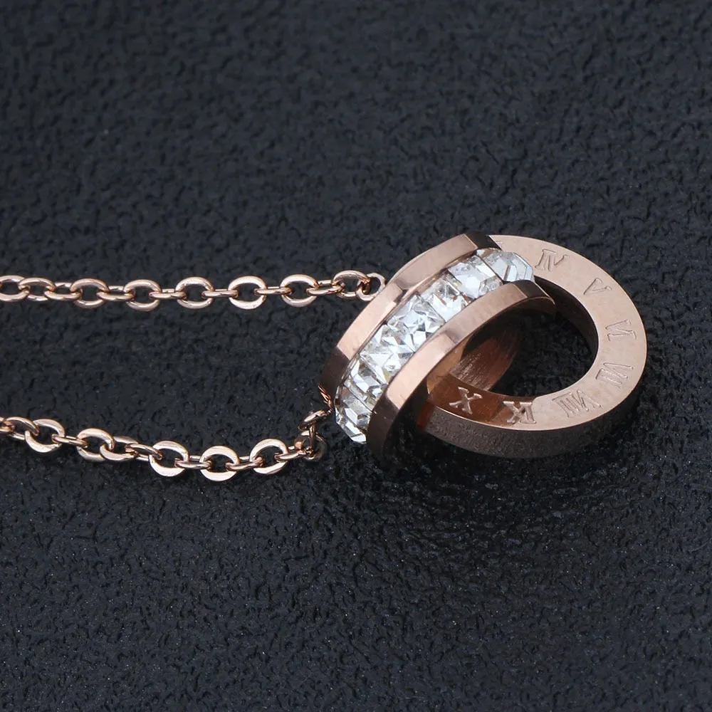 Rose-Gold-Plated Roman Numbers and Crystal Stainless Steel Necklace & Earrings Wedding Jewelry Set